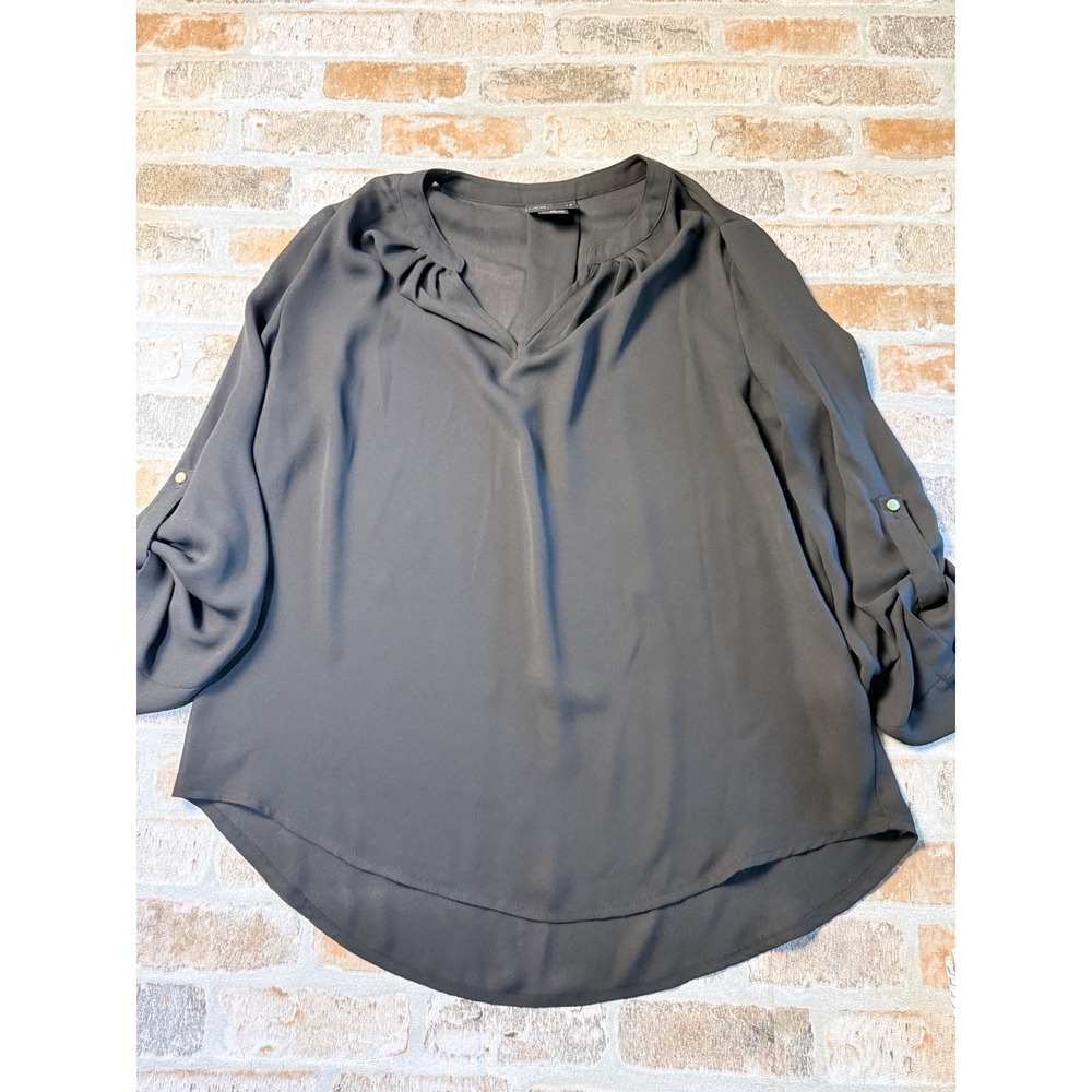 Liz Claiborne Career Petite Black Roll Tab Sleeve Blouse PS Top Split Neck Pleat